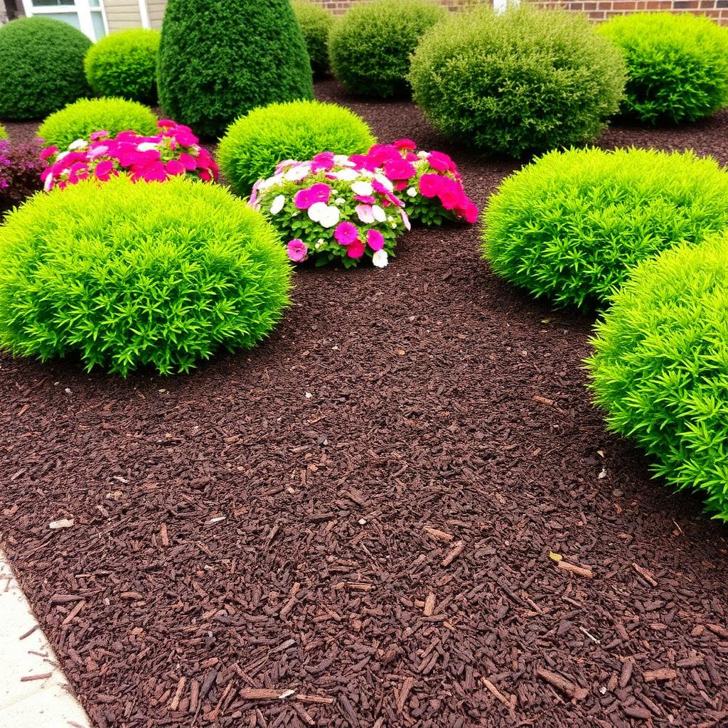 Fresh mulch beds with shrubs
